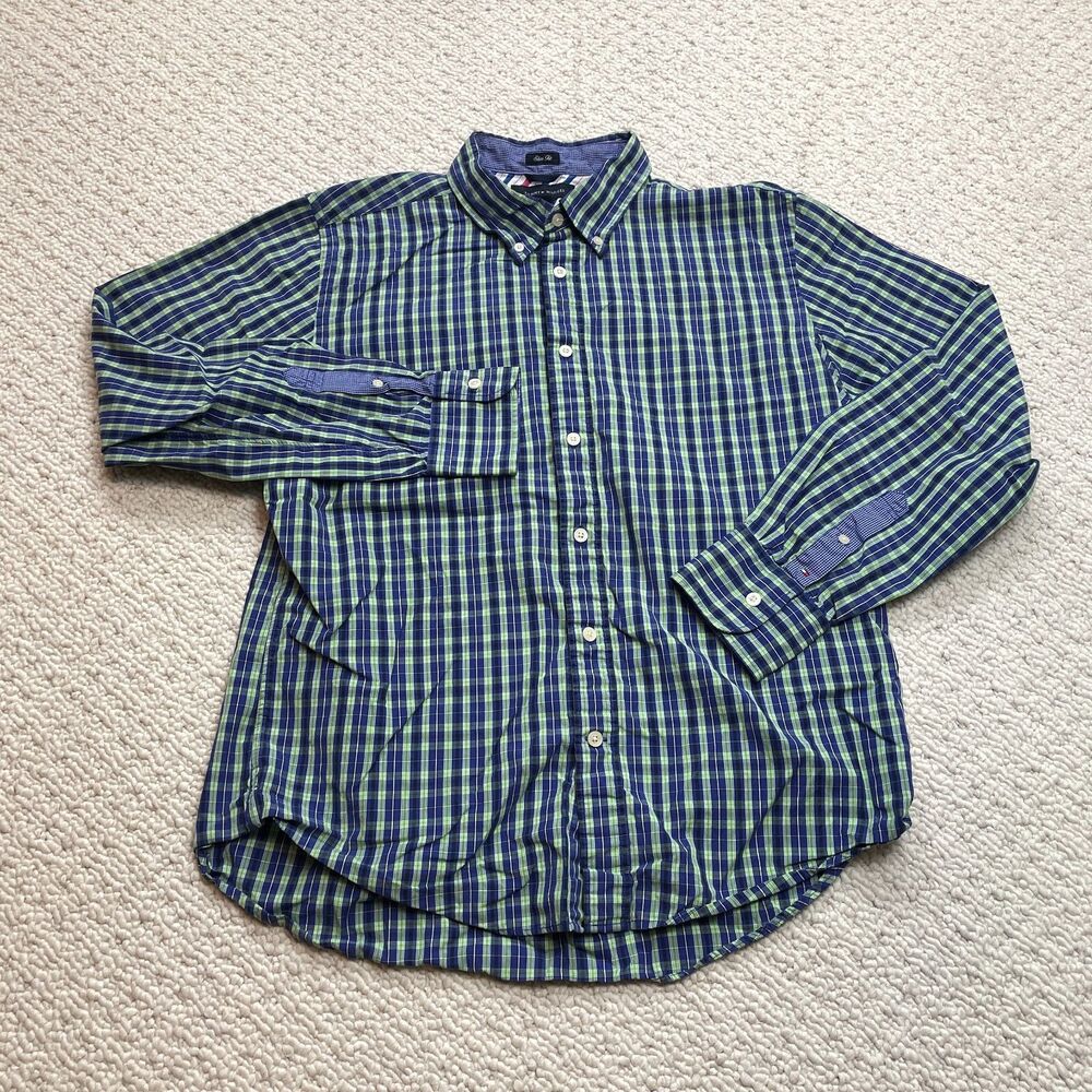 Tommy Hilfiger Button Down Shirt Mens Large Blue Plaid Slim Fit Long Sleeve Top